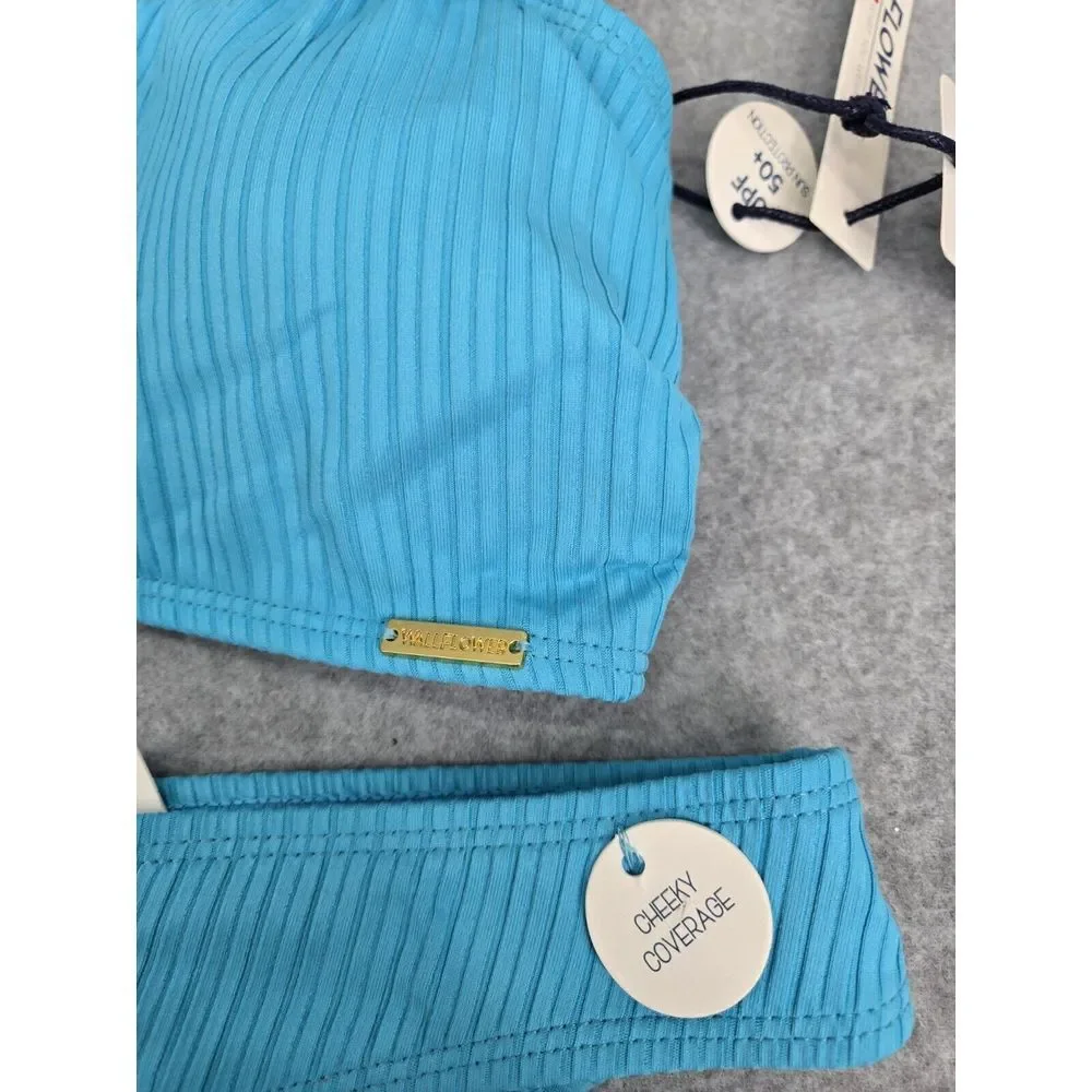 WallFlower Blue Ribbed Bikini Top‎ and Cheeky Bottoms Set UPF 50+, Womens size M - Picture 3 of 8